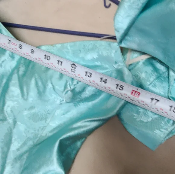 Elegant Aqua Off-Shoulder Gown, Vintage, Made In USA, Union Tag, 80's - Picture 13 of 16